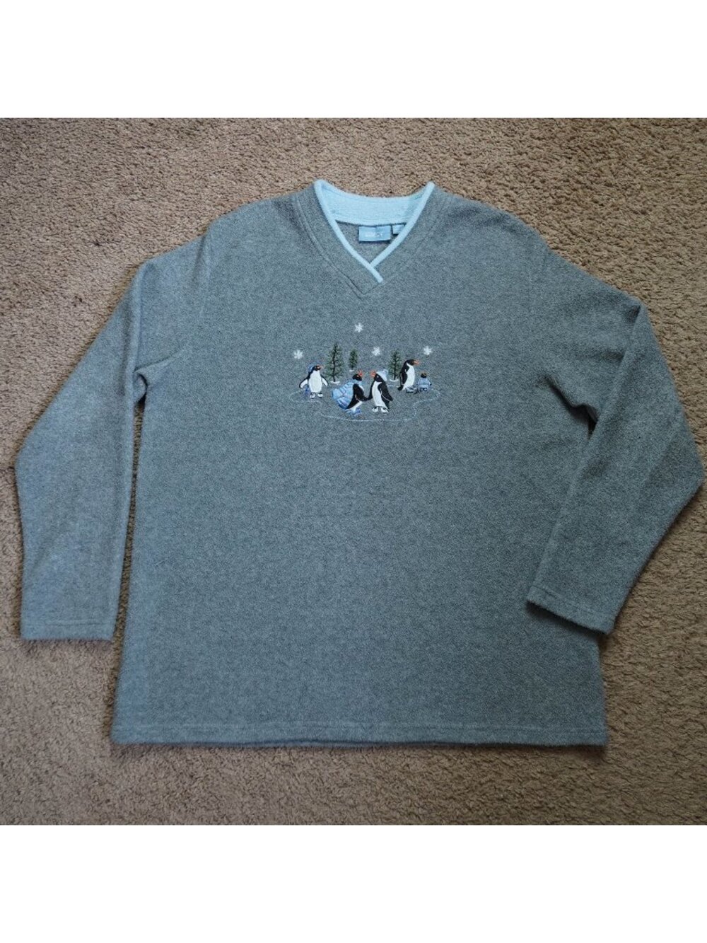 Croft & Barrow Sport Fleece Pullover Womens XL Gray Penguin Embroidered Winter